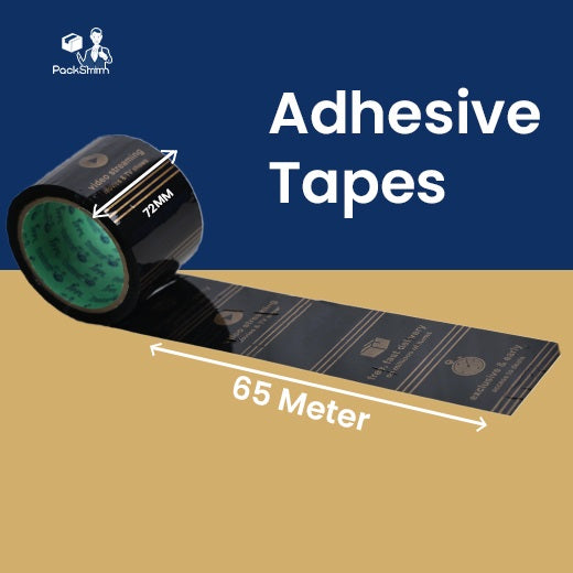 Printed packaging tape for Amazon sellers, black roll marked 72 mm wide and 65 metre long