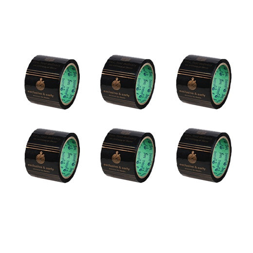 Printed packaging tape for Amazon sellers, black 3 inch x 65 m, six rolls with green cores in two rows
