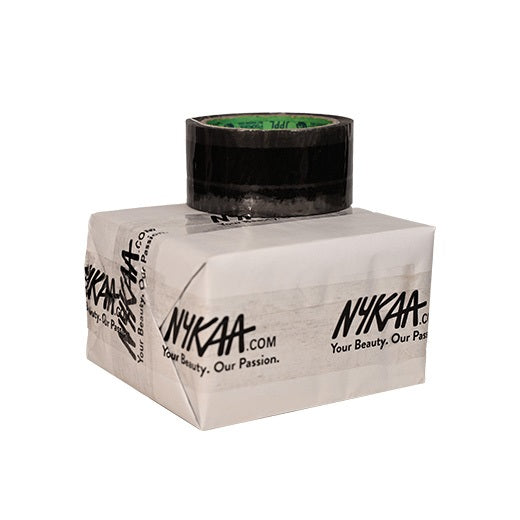 Printed clear tape for Nykaa sellers 2 inch x 65 m, roll on top of a white parcel sealed with the tape