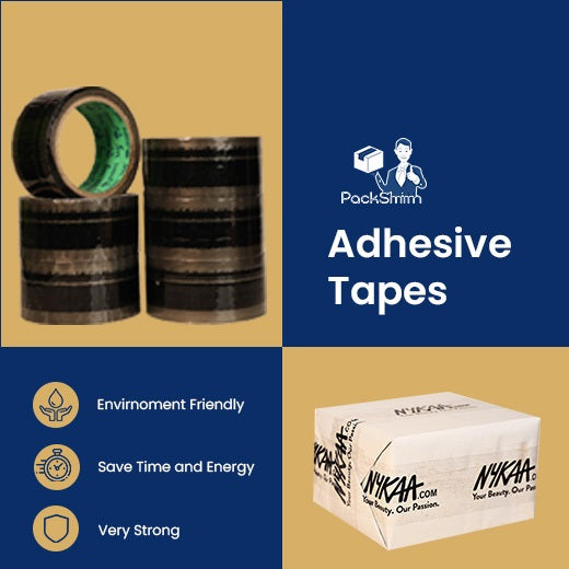 Printed clear tape for Nykaa sellers 2 inch x 65 m, stacked rolls and a taped parcel with a features list