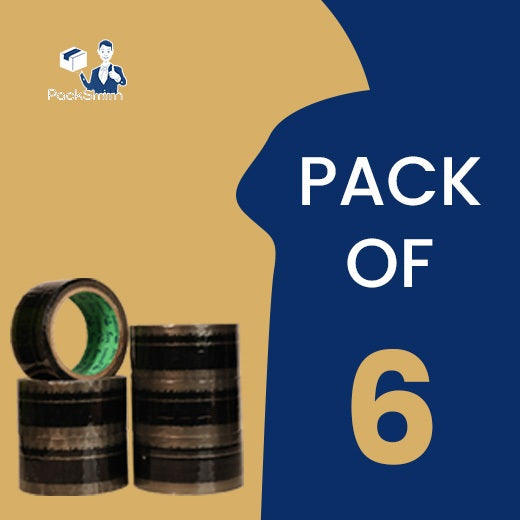 Printed clear tape for Nykaa sellers 2 inch x 65 m, stacked rolls beside a Pack of 6 label