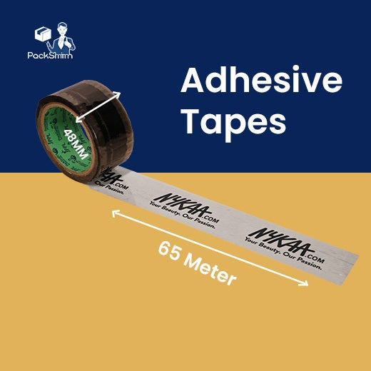 Printed clear tape for Nykaa sellers, roll marked 48 mm wide and 65 metre long on a blue banner