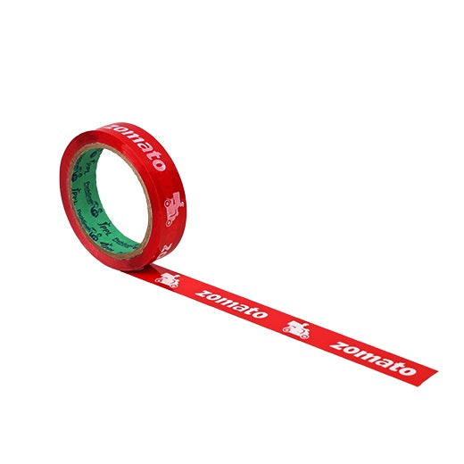 Food delivery tape for Zomato partners, red 1 inch x 65 m roll with a strip pulled out flat