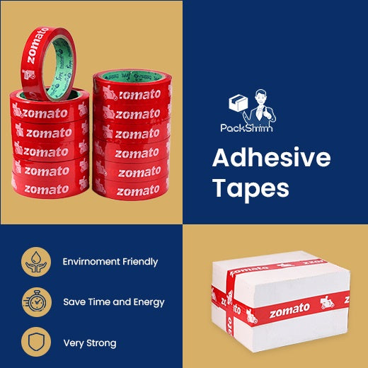 Food delivery tape for Zomato partners, stacked red rolls beside a carton sealed with the same tape