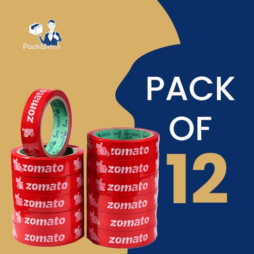 Food delivery tape for Zomato partners, pack of 12 red 1 inch x 65 m rolls stacked in two columns