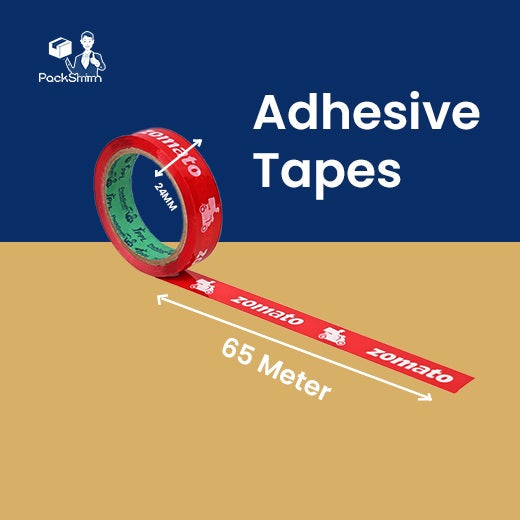 Food delivery tape for Zomato partners, 24 mm roll unrolled to show the 65 m length marking